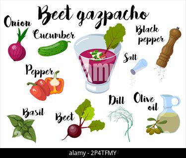 Küchenposter mit einem Rezept für Gazpacho aus Rote Bete. Vektordarstellung auf weißem Hintergrund. Stock Vektor