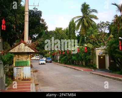 Eine von Palmen gesäumte Wohnstraße in einer vornehmen Gegend von Quezon City Stockfoto