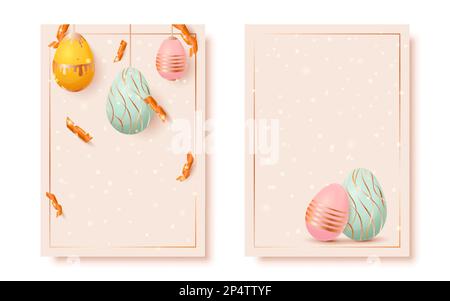 Frohe Ostergrußkarte Glitzer Ei Flachset. Süße gemütliche Hintergründe-Confit-Klapper Lametta-Pailletten zum Aufhängen blau gelber rosa Eier Gold tropfende geometrische Linien Wellenmuster modern isoliert Stock Vektor