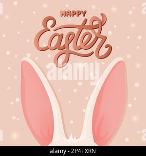 Happy Easter Schriftzug Hasenohren Postkarte flach. Glitzerndes braunes religiöses Feiertagsbanner kuscheliger Hase, der eine schriftliche Grußkarte versteckt, pastellfarbene Schokolade im Hintergrund Einladung zur Frühjahrstradition, leuchtet im Licht Stock Vektor