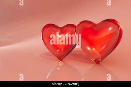 Rote Herzen auf rosa Hintergrund. Hochzeitszeremonie und Valentinstag-Fest-Konzept. 3D-Rendering. Stockfoto
