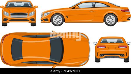 Orangefarbene Vektorvorlage für Sportwagen mit einfachen Farben ohne Verläufe und Effekte. Ansicht von der Seite, von der Vorderseite, von der Rückseite und von oben Stock Vektor