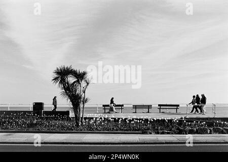 Spaziergänger auf der Promenade an der Küste von Hastings und St. Leonards, East Sussex, Südostengland, im Frühling Stockfoto