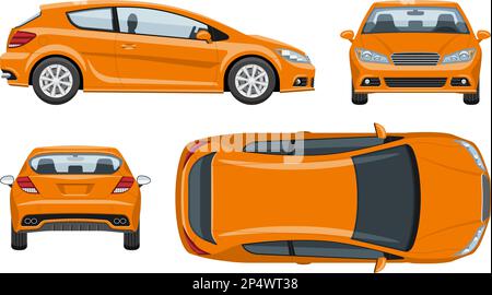 Orangefarbene Vektorvorlage mit schlichten Farben ohne Verläufe und Effekte. Ansicht von der Seite, von der Vorderseite, von der Rückseite und von oben Stock Vektor