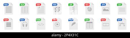 Flache Symbolgruppe für Dateiformat. Symbole für Dokumentdateien Stock Vektor