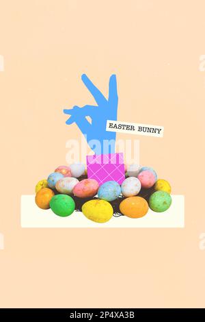 Collage 3D Foto Gruß Bildkarte Broschüre des menschlichen Arms Sammeln farbenfrohe Eier isoliert auf Zeichnungshintergrund Stockfoto