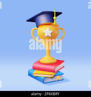 3D Goldtrophäe, Bücherstapel und Graduationsmappe Stock Vektor