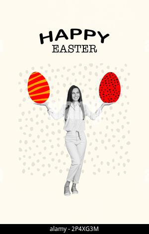 Vertikale Einladungskarte Broschüre Postercollage einer wunderschönen Dame, die große dekorierte Eier auf einem gemalten Hintergrund präsentiert Stockfoto