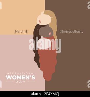Internationaler Frauentag. März 8. Porträts multikultureller Frauen. #EmbraceEquity. Vektordarstellung, flaches Design Stock Vektor