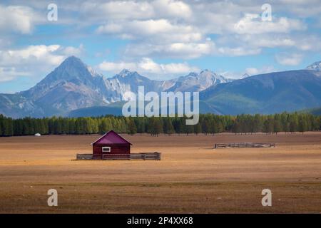 Haus auf dem Land mit den Bergen im Hintergrund. Bauernhütte im ländlichen Land, umgeben von Wäldern und Hügeln mit schneebedeckten Decken. Stockfoto