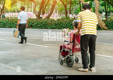Rückblick auf eine glückliche ältere Frau, die im Rollstuhl sitzt und einen Blumenstrauß im Garten hält. Asiatische Seniorin oder ältere Frau, die hübsch ist Stockfoto