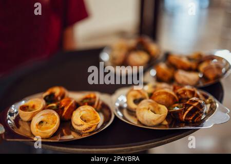 Der Kellner trägt Gourmet-Delikatessen auf einem Tablett. Vier Gerichte mit gebackenen Schnecken und Kräutern. Geben Sie Platz für Text frei. Restaurant als Hintergrund. Stockfoto