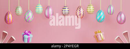 Osterbanner, Eier auf Streicher auf rosa Hintergrund. Kopieren Sie das 3D-Rendering im Bereich Stockfoto