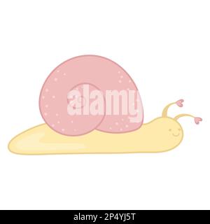 Süße, verliebte Schnecke. Rosa und Gelb. Einfache Illustration im Kawaii-Stil. Designelement für Drucke und Aufkleber. Clipart zum Valentinstag Stock Vektor