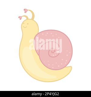 Süße, verliebte Schnecke. Rosa und Gelb. Einfache Illustration im Kawaii-Stil. Designelement für Drucke und Aufkleber. Clipart zum Valentinstag Stock Vektor