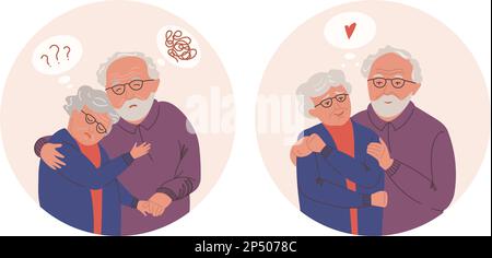 Altes Erwachsenenpaar psychische Gesundheit Vektor-Illustrationen Set. Ängstliche und verwirrte alte Dame und Mann. Großeltern nach Stresslinderung Stock Vektor