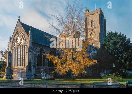 Mildenhall Church Suffolk, Blick auf die denkmalgeschützte mittelalterliche St. Mary's Church aus dem 1. Jahrhundert aus dem 14. Jahrhundert in Mildenhall, Suffolk, England, Großbritannien Stockfoto