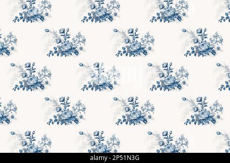Elegantes, nahtloses Blumenmuster mit Blumenstrauß in einer blauen Farbe auf weißem Hintergrund. Französischer, romantischer Stil. Blumenmuster passend für t Stockfoto