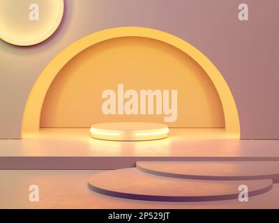 Minimalistischer Raum mit Bogen und Plattform und leuchtenden Lichtern. Digitale Illustration, 3D-Rendering. Stockfoto
