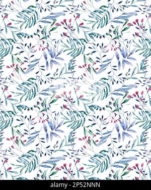 Wiese Sommerblumen nahtloses Muster auf weißem Hintergrund. Goldene und grüne Frühlingspflanzen Stockfoto