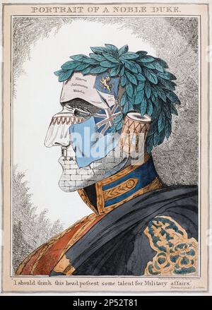 Arcimboldesque Porträt von Arthur Wellesley, 1. Herzog von Wellington, 1769 - 1852, aus militärischem Material, einschließlich eines Lorbeerkranzes des Siegers, ein altes Symbol für Sieg, Ehre und Frieden. Eine ausdrucksstarke Referenz unter dem Porträt. Nach einem Werk, das 1829 von einem unbekannten Künstler veröffentlicht wurde. Stockfoto