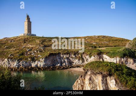 Turm des Herkules, römische Leuchtturm und Lapas Strand, Coruña Stadt, Galicien, Spanien Stockfoto