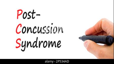 PCS-Postconcussion-Syndrom-Symbol. Konzeptbegriffe PCS-Postconcussion-Syndrom auf einem Weißbuch auf einem schönen weißen Hintergrund. Medizin und PCS post-c Stockfoto