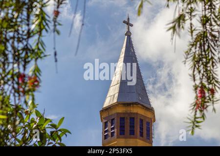 Goiania, Goias, Brasilien – 05. März 2023: Der Gipfel des Turms der Metropolitan Cathedral of Goiania zwischen blühenden Zweigen eines Baumes. Stockfoto