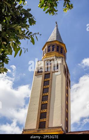 Goiania, Goias, Brasilien – 05. März 2023: Die Spitze des Turms der Metropolitan Cathedral of Goiania zwischen Zweigen eines Baumes. Stockfoto