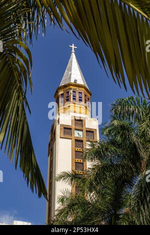 Goiania, Goias, Brasilien – 05. März 2023: Die Metropolitanische Kathedrale von Goiânia zwischen Kokospalmen. Vertikales Format. Stockfoto