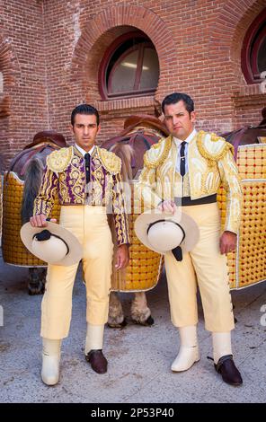 Berittene Stierkämpfer, Picadores in Las Ventas Stierkampfarena, Madrid, Spanien Stockfoto