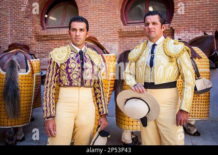 Berittene Stierkämpfer, Picadores in Las Ventas Stierkampfarena, Madrid, Spanien Stockfoto