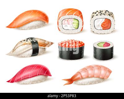 Realistisches Sushi. Traditionelles japanisches Essen mit frischem Fisch, Gemüse und Meeresfrüchten, Reis in Nori-Algen verpackt, 3D isolierte Brötchen, Lachs, Garnelen Stock Vektor