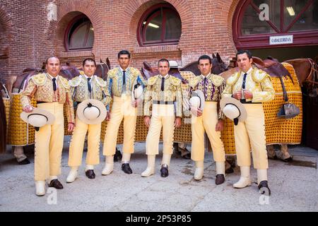 Berittene Stierkämpfer, Picadores in Las Ventas Stierkampfarena, Madrid, Spanien Stockfoto