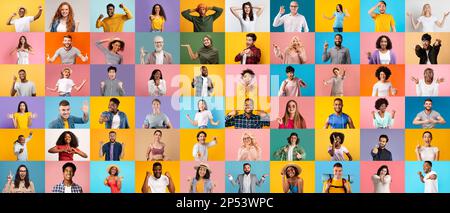 Mosaik Verschiedener Happy People Porträts Vor Farbenfrohen Hintergründen Stockfoto
