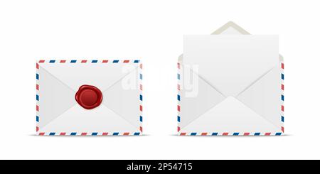 Vector Realistic White geschlossener Umschlag mit roter Wachsversiegelung und geöffnetem Umschlag mit Letter im Inneren. Symbolgruppe gefalteter und abgewickelter weißer Briefumschlag isoliert Stock Vektor