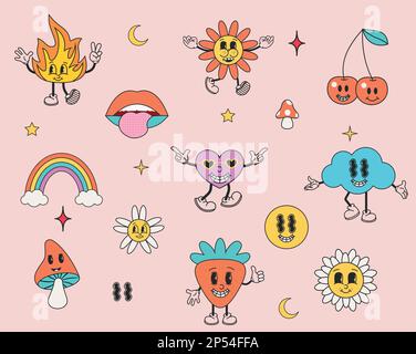 Set mit Retro-Elementen. Charaktere und Elemente im psychedelischen Stil der 70er Jahre. Hippie-, Psychedelie-, Groove-, Retro- und Vintage-Stil farbenfroher Hintergrund. Stock Vektor