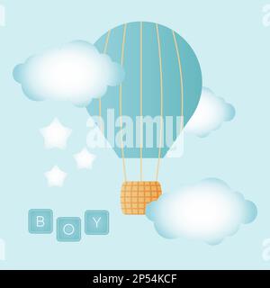 Banner für Babyduschen mit Luftballon und Wolken auf blauem Hintergrund. Es ist ein Junge. Vektordarstellung Stock Vektor