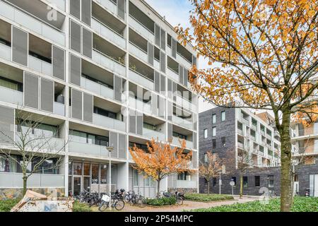 Ein Apartmentgebäude mit Fahrrädern, die auf dem Bürgersteig geparkt sind und Bäume vor dem neuen Wohnungskomplex von Theme Stockfoto