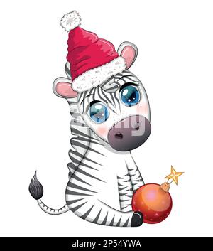 Süßes Zebra in rotem weihnachtsmannmütze mit weihnachtsball, Bonbon kane, Geschenk. Tierfreunde Zeichentrickfigur. Stock Vektor