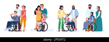 Eltern und ihre behinderten Kinder lächeln zusammen. Behinderte Jungen und Mädchen im Rollstuhl. Mom und Dad unterstützen behinderte Kinder. Gelähmt Stock Vektor