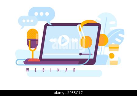 Online-Webinar. Technologie für Fernunterricht. Fernschulung. Digitale Kommunikation. Computer-Video-Player. Mikrofon und Kopfhörer. Laptop-Bildschirm Stock Vektor