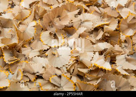 Bleistifte, die geschärft werden, und Sammlung von Holzspänen. Stockfoto