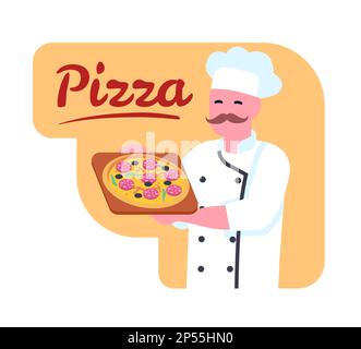 Pizzeria-Koch hält köstliche Pizza in den Händen. Italienisches Essen. Kochen Sie in Uniform. Glücklicher Mann, der das Essen zeigt. Gebackener Snack mit Käse oder Salami Stock Vektor