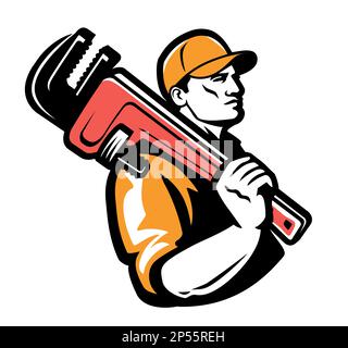 Klempner mit Logo für Rohrschlüssel. Logo für technischen Service, Emblem. Vektordarstellung für Bau- und Reparaturarbeiten Stock Vektor