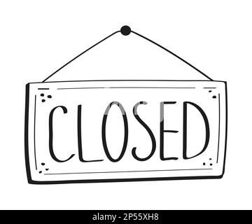 Geschlossene Tür Tag Set Vektor handgezeichnet. Illustration des Ladentürschilds im Doodle-Sketch-Stil. Fenster öffnen Speicher Stock Vektor