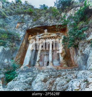 Amyntas Felsengräber im alten Telmessos in Lycia. Jetzt in der Stadt Fethiye, Türkei Stockfoto