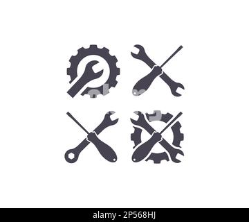 Symbolsatz für Werkzeuge und Wartung. Symbol für Schraubendreher und Schraubenschlüssel. Einstellungen und Reparatur, Wartungszeichen. Instrument Signs Kollektion. Symbol für einfaches Tool. Stock Vektor