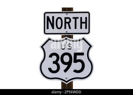 HIGHWAY-Schild US Route 395 isoliert mit ausgeschnittenem Hintergrund. Stockfoto