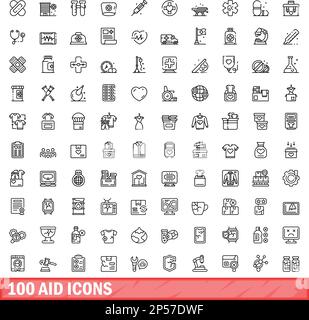 100 Hilfssymbole eingestellt. Umrissdarstellung der 100 Hilfssymbole Vektorsatz isoliert auf weißem Hintergrund Stock Vektor